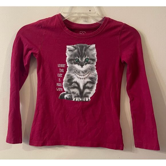 Faded Glory Girls Long‎ Sleeve Kitty Cat Graphic Tee Shirt Top S 6-6X - Picture 1 of 3